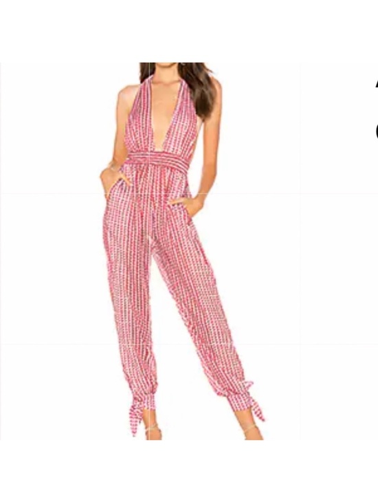 Agua Bendita Pants - Agua Bendita x Revolve Josie Plunging V-Neck Pink Printed Halter Jumpsuit